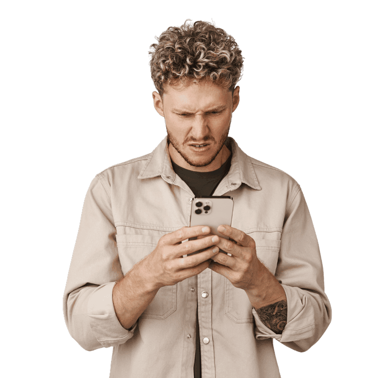 A shopper frowning at a shop's website on their phone