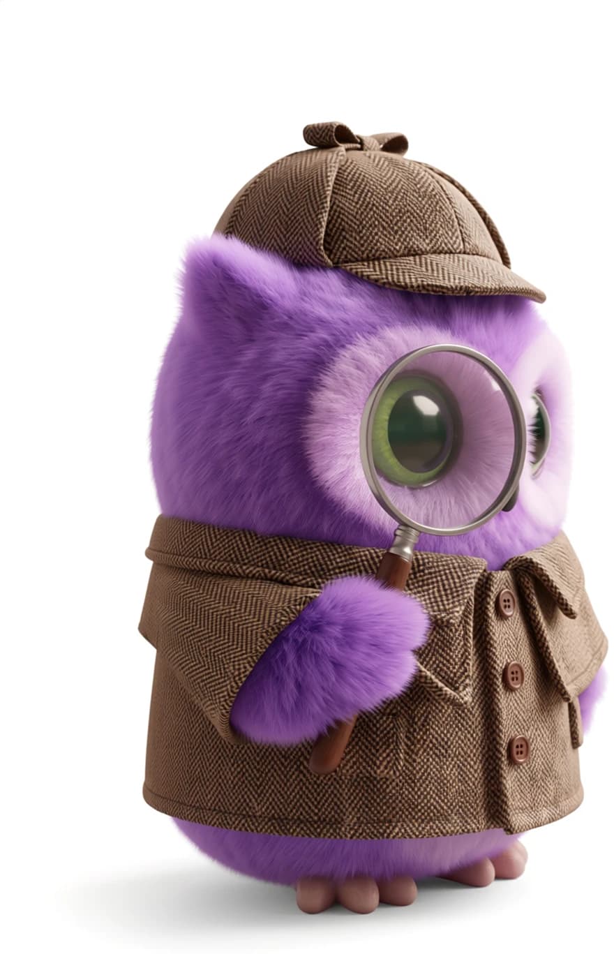 Bamzle, the mascot — an owl in a detective coat with a magnifying glass